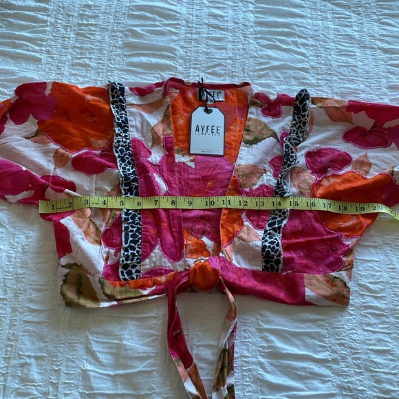 Ayfee Florence tie waist orange,pink and cream floral blouse. Leopard ruffle. M - Picture 11 of 17
